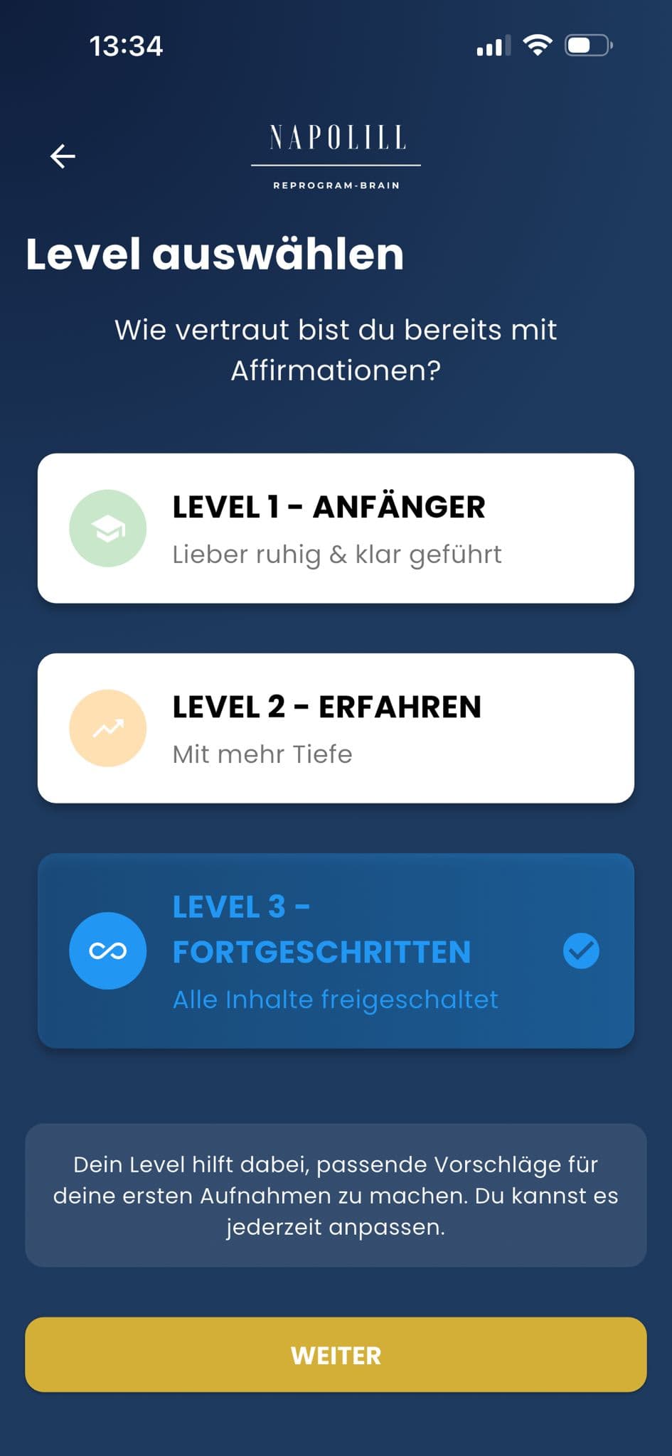 Level auswählen in der App